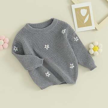 Pivanzore Baby Girl Toddler Knit Sweater Winter Clothes Cute Flower Crewneck Long Sleeve Pullover Newborn Infant Warm Tops