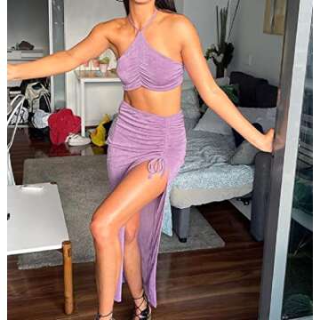 Women Hollow Out 2 Piece Skirt Set Y2K Halter Backless Crop Camis Slim Fit Tube Tops Split Maxi Skirts Outfits