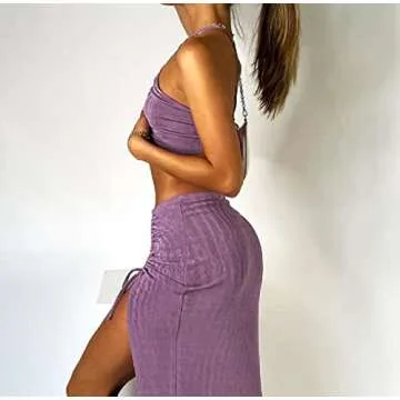 Women Hollow Out 2 Piece Skirt Set Y2K Halter Backless Crop Camis Slim Fit Tube Tops Split Maxi Skirts Outfits