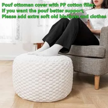 Round Stuffed Pouf Ottoman 20x20x12 Inches Faux Fur Ottoman Foot Rest Under Desk Foot Stool Great for Living Room, Bedroom Small Furniture (Ivory Pouf with Filler)