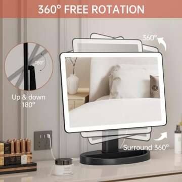 FUNTOUCH Large Lighted Vanity Makeup Mirror with Lights, 3 Color Lighting Modes Light Up Mirror with 88 LED, 360° Rotation Touch Screen and 10X Magnification Tabletop Cosmetic Make Up Mirror (Black)
