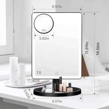 FUNTOUCH Large Lighted Vanity Makeup Mirror with Lights, 3 Color Lighting Modes Light Up Mirror with 88 LED, 360° Rotation Touch Screen and 10X Magnification Tabletop Cosmetic Make Up Mirror (Black)