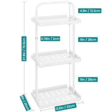 ELITEROO 3 Tier Standing Shower Caddy Organizer, Corner Shower Shelf with Handle, Storage Stands for Shampoo, Stand Up Metal Basket Rack for Inside Bathroom, Bathtub, Office, Kitchen, White