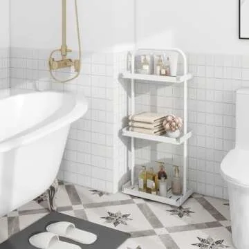 ELITEROO 3 Tier Standing Shower Caddy Organizer, Corner Shower Shelf with Handle, Storage Stands for Shampoo, Stand Up Metal Basket Rack for Inside Bathroom, Bathtub, Office, Kitchen, White