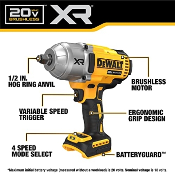 Powerful DEWALT 20V MAX Cordless Impact Wrench, 1/2 in.