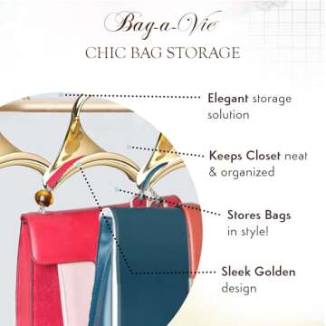 Bag-a-Vie Purse Hanger for Closet - Handbag Organizer Hooks for Hanging Bags & Purses, Protecting Bag Shape & Organizing Space (1 Hanger, Gold Metal)