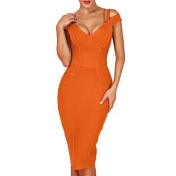 Whoinshop Women's Off Shoulder Strappy Open Back Midi Bodycon Cocktail Bandage Dress Orange M
