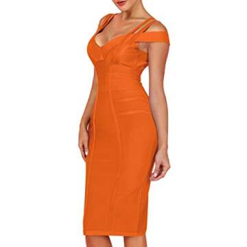 Whoinshop Women's Off Shoulder Strappy Open Back Midi Bodycon Cocktail Bandage Dress Orange M
