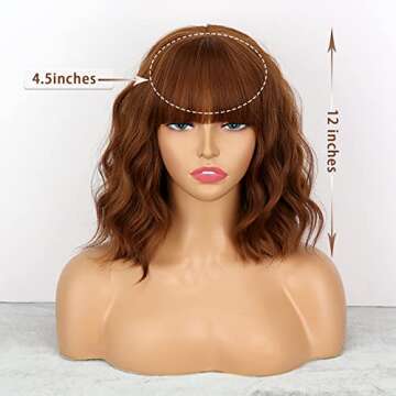 MISSQUEEN Short Wavy Bob Wig - Stylish Brown Auburn with Bangs