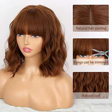MISSQUEEN Short Wavy Bob Wig - Stylish Brown Auburn with Bangs