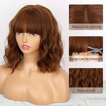 MISSQUEEN Short Wavy Bob Wig - Stylish Brown Auburn with Bangs
