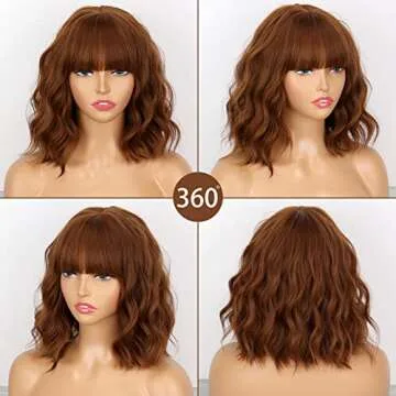 MISSQUEEN Short Wavy Bob Wig - Stylish Brown Auburn with Bangs