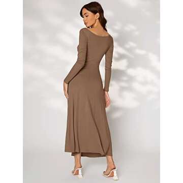 Floerns Women's Boat Neck Long Sleeve A Line Dress Mocha