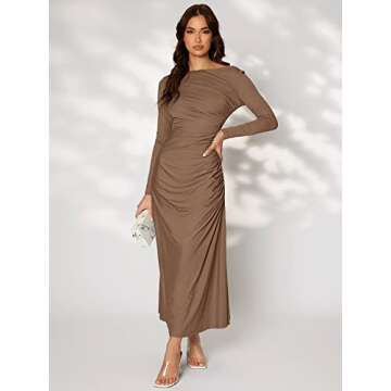 Floerns Women's Boat Neck Long Sleeve A Line Dress Mocha