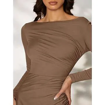 Floerns Women's Boat Neck Long Sleeve A Line Dress Mocha