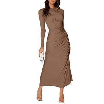 Floerns Women's Boat Neck Long Sleeve A Line Dress Mocha