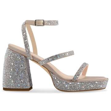 Ouepiano Women's Heeled Sandals Platform Rhinestone Square Toe Chunky High Heels Wedding Party Shoes Silver Size 8.5