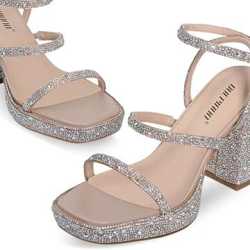 Ouepiano Women's Heeled Sandals Platform Rhinestone Square Toe Chunky High Heels Wedding Party Shoes Silver Size 8.5
