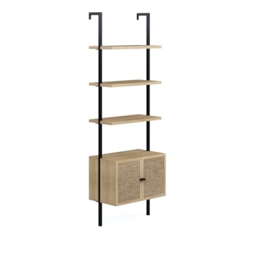Nathan James Theo Ladder 3 tier Open Bookshelf with Rattan Drawers and Matte Steel Frame, Light Oak/Black