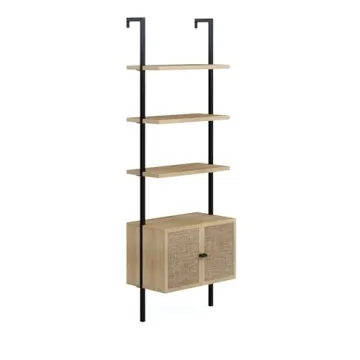 Nathan James Theo Ladder 3 tier Open Bookshelf with Rattan Drawers and Matte Steel Frame, Light Oak/Black