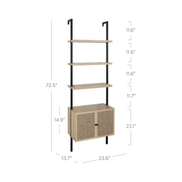 Nathan James Theo Ladder 3 tier Open Bookshelf with Rattan Drawers and Matte Steel Frame, Light Oak/Black