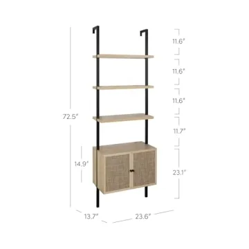 Nathan James Theo Ladder 3 tier Open Bookshelf with Rattan Drawers and Matte Steel Frame, Light Oak/Black