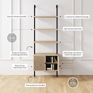 Nathan James Theo Ladder 3 tier Open Bookshelf with Rattan Drawers and Matte Steel Frame, Light Oak/Black