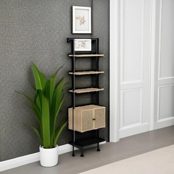 Nathan James Theo Ladder 3 tier Open Bookshelf with Rattan Drawers and Matte Steel Frame, Light Oak/Black