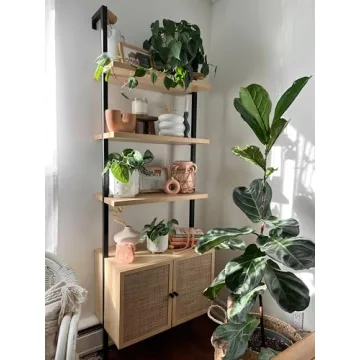 Nathan James Theo Ladder 3 tier Open Bookshelf with Rattan Drawers and Matte Steel Frame, Light Oak/Black