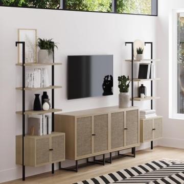 Nathan James Theo Ladder 3 tier Open Bookshelf with Rattan Drawers and Matte Steel Frame, Light Oak/Black