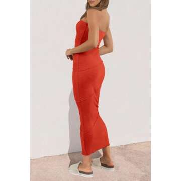 PRETTYGARDEN Women's Summer Long Dress Strapless Sleeveless Bandeau Tube Top Bodycon Maxi Dress (Orange,Large)
