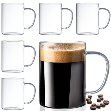 Set of 6 Ultra Durable Sleek Glass Coffee Mugs with Handle, Clear Borosilicate Glass Teacups, Coffee...