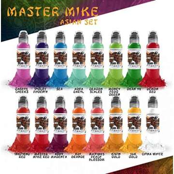 World Famous Asian Tattoo Ink, Vegan and Professional Ink, Made in USA, Master Mike 16-Color Asian (Set of 16), 1 oz