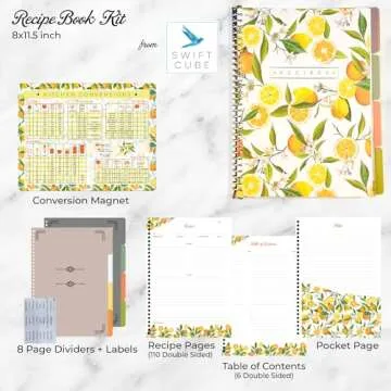 SwiftCube Recipe Book to Write in Your Own Recipes | Handy Kitchen Conversion Chart Magnet Included | Store 220 Recipes, 30 Ring with 8 Dividers | Perfect Family Recipe Journal
