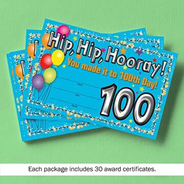 Barker Creek Recognition Awards, 100th Day, Celebrate Student Achievements with These Colorful Awards, 30 Awards per Pkg, 8.5" x 5.5" (426)