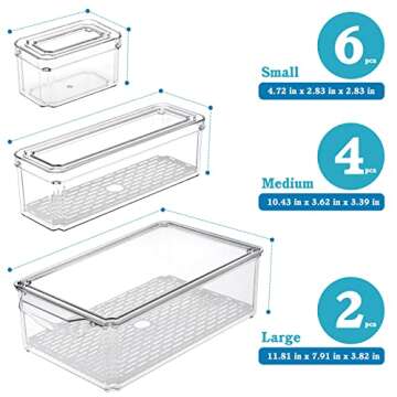 Moretoes 12pcs Fridge Organizer with Lids, Clear Stackable Refrigerator Organizer Bins with 6 Liners, BPA-Free Produce Fruit Storage Containers and Plastic Pantry Organization for Food, Vegetable