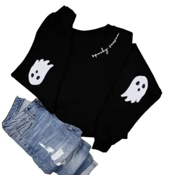 HEBBE Spooky Season Sweatshirts Halloween Ghost Sweatshirt Women - Halloween Graphic Crewneck Tops Casual Sweater Black