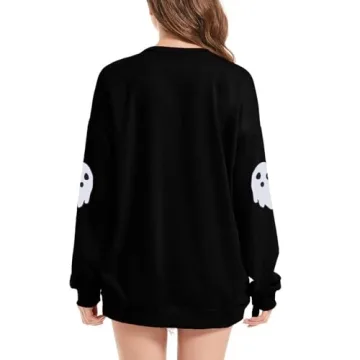 HEBBE Spooky Season Sweatshirts Halloween Ghost Sweatshirt Women - Halloween Graphic Crewneck Tops Casual Sweater Black