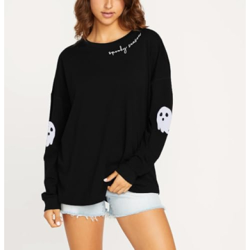 HEBBE Spooky Season Sweatshirts Halloween Ghost Sweatshirt Women - Halloween Graphic Crewneck Tops Casual Sweater Black