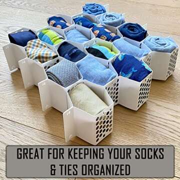 Evelots Honeycomb Drawer Organizer - Set of 4, 112 Slots, Easy Snap-Together Assembly, Adjustable & Durable Plastic Dividers, Perfect for Socks, Underwear, Ties, Accessories, and More - Customizable S