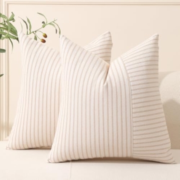 Hckot Khaki and Beige Patchwork Farmhouse Throw Pillow Covers 18 x 18 Inch, Pack of 2 Striped Linen ...