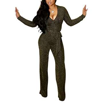 LightlyKiss Women Casual Sexy V Neck Sparkly Jumpsuits Long Sleeve Onesie Loose Pants Party Clubwear...