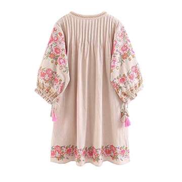 R.Vivimos Women's Autumn 3/4 Sleeve Cotton V Neck Floral Embroidery Casual Tunic Dress