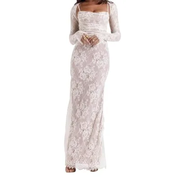 Women Vintage Cream Lace Maxi Dress Romantic Long Sleeve Lace Bodycon Dress