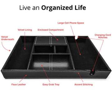 Valet Tray for Men, Nightstand Organizer, Entry Table Organizer, Catch All Tray, Dresser Organizer, Black Faux Leather Box, 6 Compartments