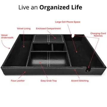 Valet Tray for Men, Nightstand Organizer, Entry Table Organizer, Catch All Tray, Dresser Organizer, Black Faux Leather Box, 6 Compartments
