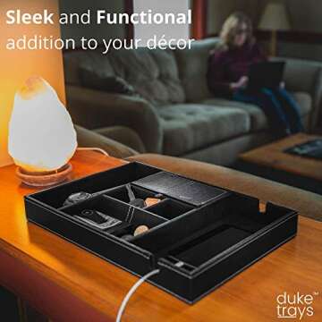 Valet Tray for Men, Nightstand Organizer, Entry Table Organizer, Catch All Tray, Dresser Organizer, Black Faux Leather Box, 6 Compartments