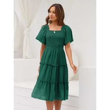 LILLUSORY Women Dresses Spring Summer 2025 Midi Graduation Bridal Baby Shower Casual Flowy Sun Sundress Trendy Brunch Cute Ladies Vacation Smocked Teacher Clothes Outfits Emerald Green M