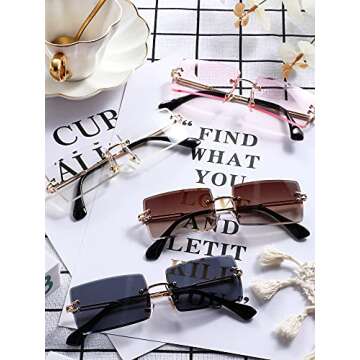 Frienda 4 Pairs Rimless Rectangle Sunglasses Frameless Square Glasses Vintage Transparent Eyewear for Women Men (Fresh Colors,Metal Frame)