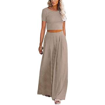 Lveberw Lounge Set Womens, Outfits Sets, Ribbed Crop Top Long Sleeve, Palazzo Pants - Loose Sweatsuit Knit,2 Piece Pajamas(S Khaki, Small)